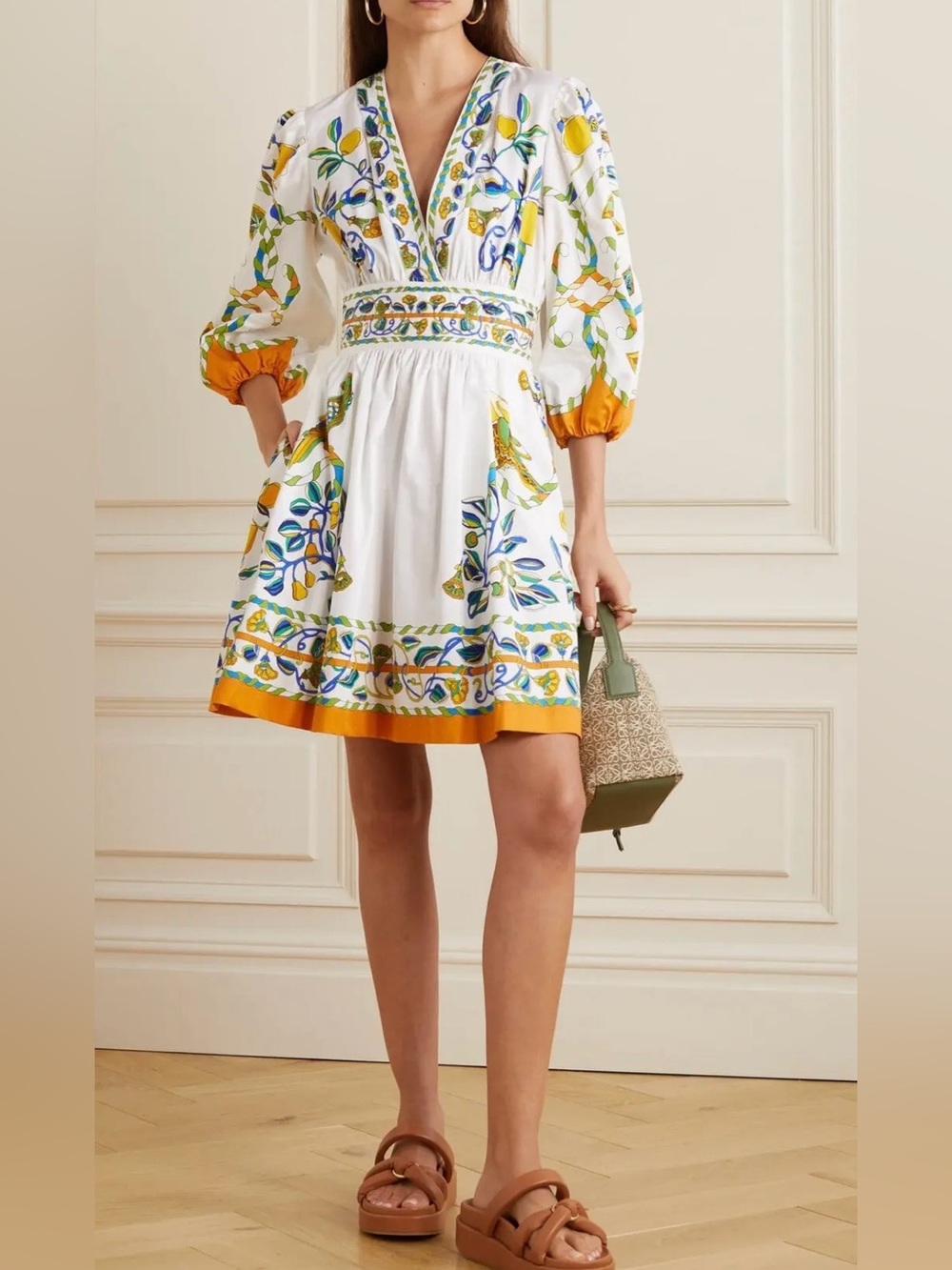 La DoubleJ Margarita Mini Dress, White Botanical Floral, 3/4 Sleeve, Size Small